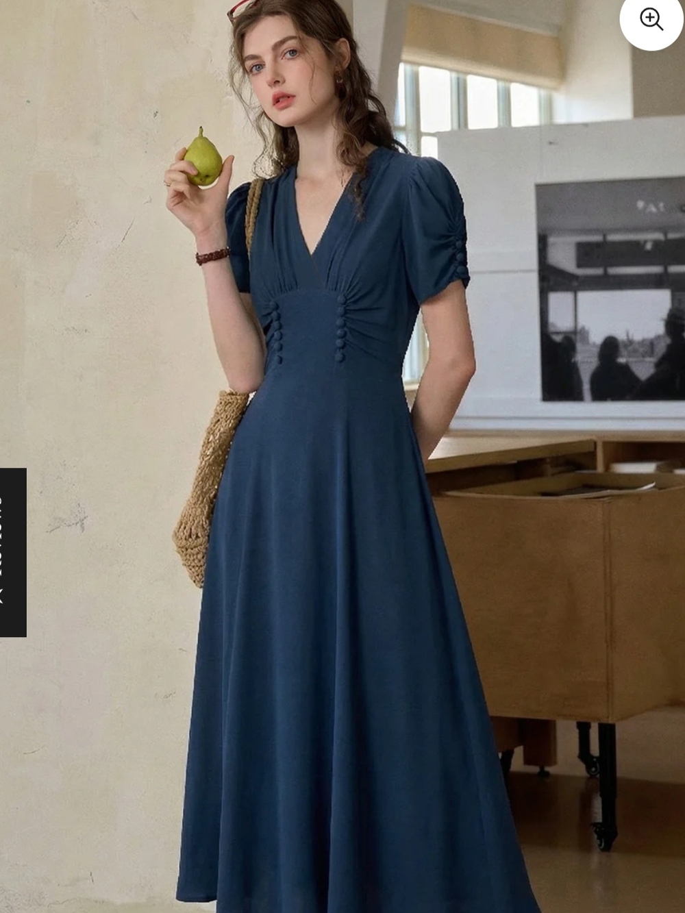 V-Neck Navy Maxi Dress with Buttoned Waist